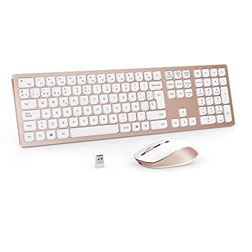 Combo de Teclado y Ratón Inalámbricos Retroiluminados, Recargable, 2.4 GHz USB (QWERTY Español Ñ), Teclado Diseño Compacto para PC, Ordenador portátil,Windows, Oro Rosa