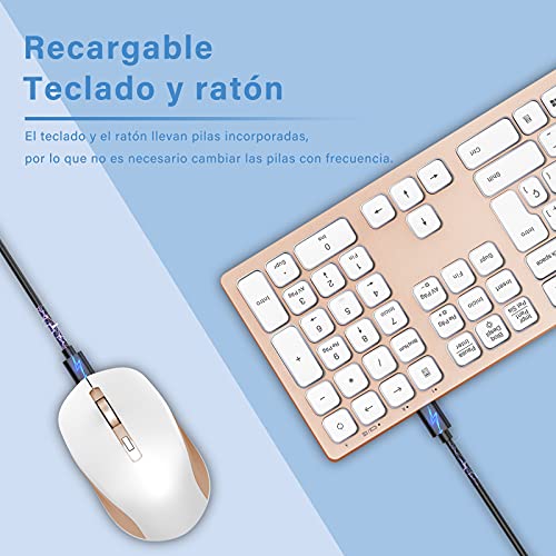 Combo de Teclado y Ratón Inalámbricos Retroiluminados, Recargable, 2.4 GHz USB (QWERTY Español Ñ), Teclado Diseño Compacto para PC, Ordenador portátil,Windows, Oro Rosa