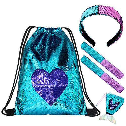 Comius Sharp Bolso de Lentejuelas Sirena 5 Pcs Mochila de Lentejuelas Bolsa Mermaid Reversible Lentejuelas Drawstring Mochila Brillante Bolsa de Hombro al Aire Libre para Niñas, Mujeres y Niños