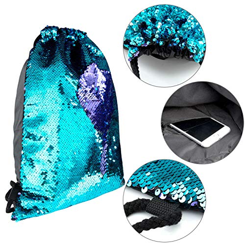 Comius Sharp Bolso de Lentejuelas Sirena 5 Pcs Mochila de Lentejuelas Bolsa Mermaid Reversible Lentejuelas Drawstring Mochila Brillante Bolsa de Hombro al Aire Libre para Niñas, Mujeres y Niños