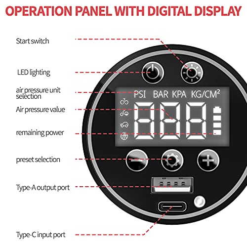 Compresor de Aire Portátil 150PSI Mini Bomba de Aire 4500Mah Mini Inflador Eléctrico Usb C Recargable con Pantalla Digital Luz LED PSI BAR KPA KG/CM2 para Coche Motocleta Neumático Anillo de Natación