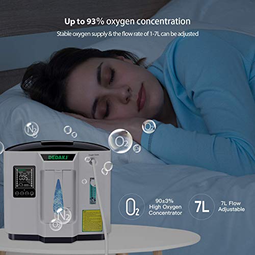 Concentrador de oxígeno, 90% Alta Pureza 1-7L / min Generador de oxígeno de flujo O2 Hogar inteligente LED portátil con control remoto para uso doméstico y de viaje en automóvil, DE-1A