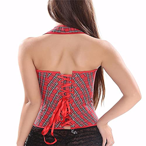 Corset Corsé Mujer Moda A Cuadros Rojo Halterneck Sexy Overbust Corset Mujeres Palace Corset Top S-6Xl-Red_S