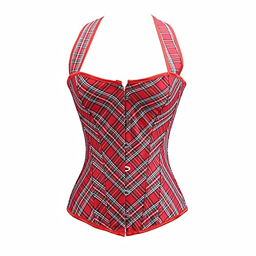 Corset Corsé Mujer Moda A Cuadros Rojo Halterneck Sexy Overbust Corset Mujeres Palace Corset Top S-6Xl-Red_S