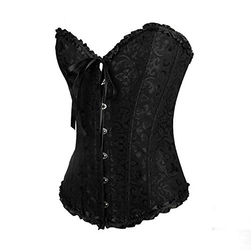 Corset Corsé Mujer Negro Satinado Bordado Corsé Wait Trainer Bustier Mujer Encaje Moda Corsé Corsé Ropa-Black_S