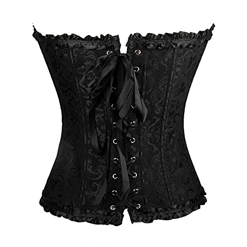 Corset Corsé Mujer Negro Satinado Bordado Corsé Wait Trainer Bustier Mujer Encaje Moda Corsé Corsé Ropa-Black_S