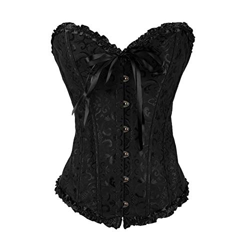 Corset Corsé Mujer Negro Satinado Bordado Corsé Wait Trainer Bustier Mujer Encaje Moda Corsé Corsé Ropa-Black_S