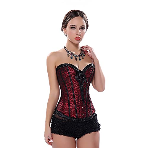 Corset Corsé Mujer Sexy Satén Floral con Cordones Deshuesado Overbust Corsé Bustier Cintura Entrenador-Black_S