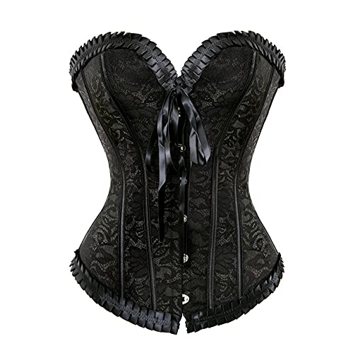 Corset Corsé Mujer Sexy Satén Floral con Cordones Deshuesado Overbust Corsé Bustier Cintura Entrenador-Black_S