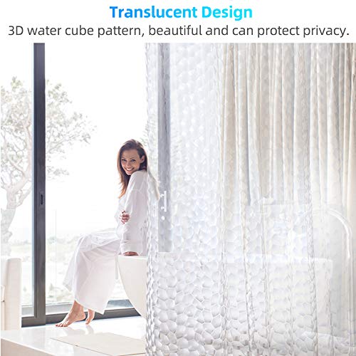 Cortina de Ducha Transparente 180x200 cm, 3D PEVA Clear Plastic Shower Curtain, Cortinas Baño Cortina de Bañera Semi-Transparente Antimoho Impermeable con 12 Ganchos para Bañeras de Baño