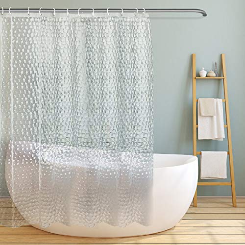 Cortina de Ducha Transparente 180x200 cm, 3D PEVA Clear Plastic Shower Curtain, Cortinas Baño Cortina de Bañera Semi-Transparente Antimoho Impermeable con 12 Ganchos para Bañeras de Baño