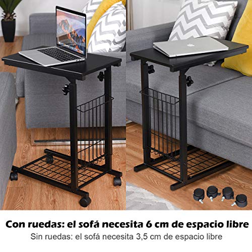 COSTWAY Mesa de Ordenador Altura Ajustable Mesa Auxiliar con Ruedas para Cama Sofá Mesa Portátil con Estante de Rejilla