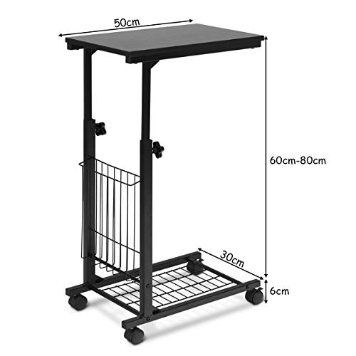 COSTWAY Mesa de Ordenador Altura Ajustable Mesa Auxiliar con Ruedas para Cama Sofá Mesa Portátil con Estante de Rejilla