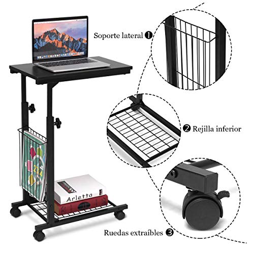 COSTWAY Mesa de Ordenador Altura Ajustable Mesa Auxiliar con Ruedas para Cama Sofá Mesa Portátil con Estante de Rejilla