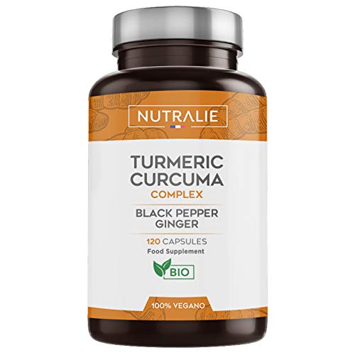 Cúrcuma orgánica Turmeric (650mg) con Jengibre(50mg) y Pimienta Negra(10mg) | 120 cápsulas vegetales | Máxima calidad | Potente antiinflamatorio y antioxidante natural | Cúrcuma complex | Nutralie