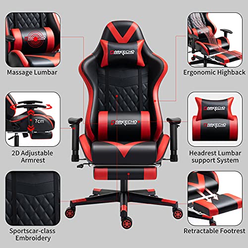 Darkecho Silla Gaming Chair Masaje con reposapiés, Ergonómica Silla Gamer 150kg Poltrona, Silla de Oficina 2D Ajustables reposabrazos Sillón Racing Esport, Cuero la PU Fibra de Carbono. Rojo