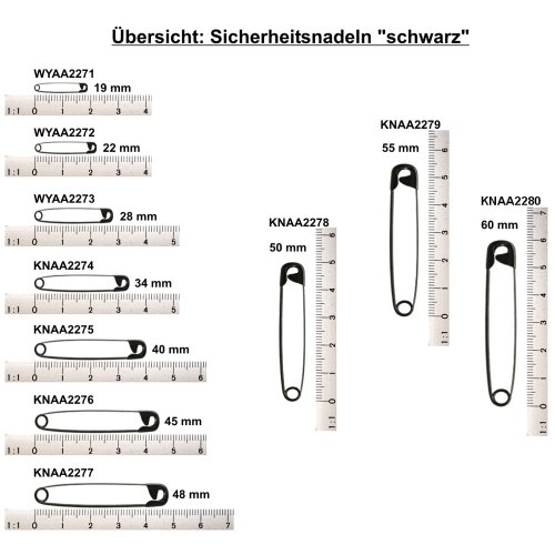 De seguridad con diseño de agujas de colour negro/ Carcasa de colour negro, de diferentes tamaños: de 19 mm hasta un máximo de 60 mm, de seguridad de - Agujas de punto, agujas, 2271-80, metal, negro, 55 mm