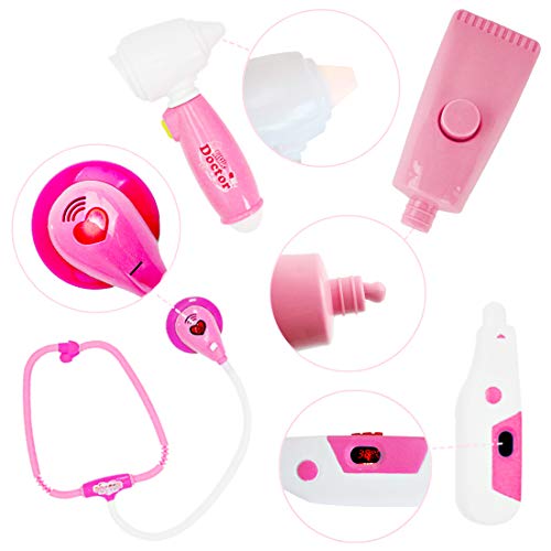 deAO Maletín de Doctor y Dentista Conjunto 2en1 Doctor y Enfermería Clínica Dental Juego para Niños y Niñas Incluye 17 Accesorios Luces y Sonidos (Rosa)