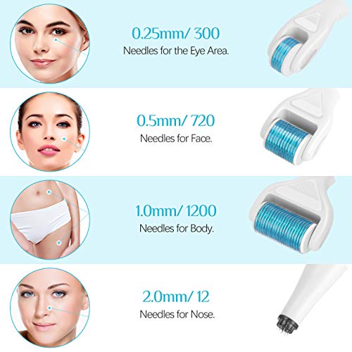 Derma Roller,Aiglam 6 en 1 Dermaroller de Titanio 0.25/0.5/1mm por Ojos, Cara, Cuerpo, Antimanchas, Anti-Edad, Antiarrugas (Blanco)