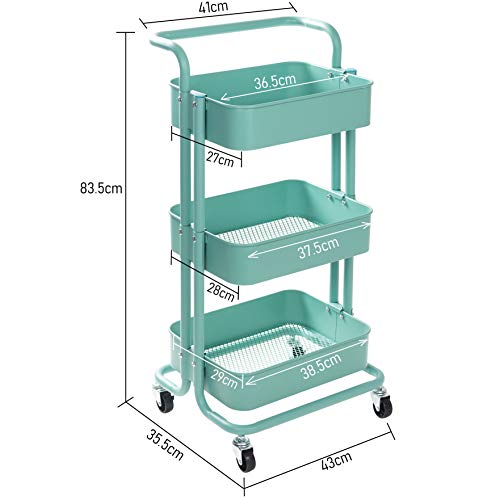 display4top Carrito con Bloquear Ruedas, Carrito Auxiliar con 3 Nivel para la Cocina, baño, Dormitorio de Almacenamiento (Turquesa)