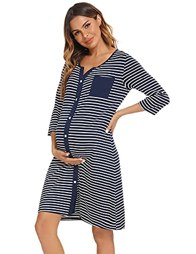 Doaraha Camisón de Lactancia Camisón de Maternidad Algodón para Mujer Camisón Lactancia con Botones a Rayas Camisón Embarazada Hospital Mangas 3/4 -Azul Marino-Tamaño M