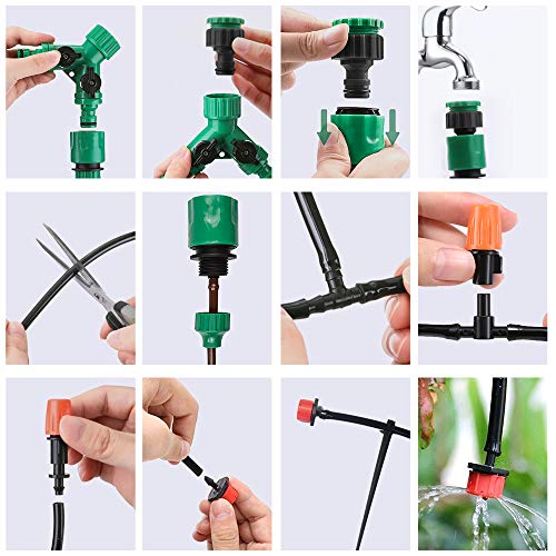 DONGQI Sistema de riego Jardín, 149 PCS Sistema de Riego por Goteo,30M Kit Riego con Ajustable Boquilla Aspersor Pulverizador y Gotero Automatico para Jardin Invernadero Césped Patio Terraza