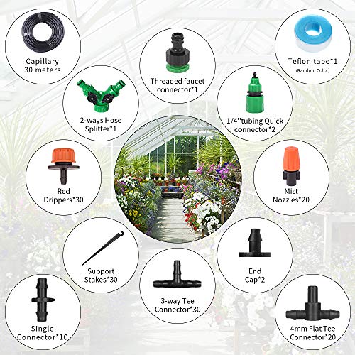 DONGQI Sistema de riego Jardín, 149 PCS Sistema de Riego por Goteo,30M Kit Riego con Ajustable Boquilla Aspersor Pulverizador y Gotero Automatico para Jardin Invernadero Césped Patio Terraza