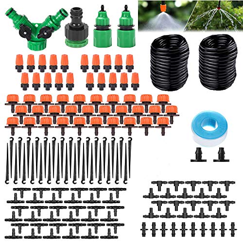 DONGQI Sistema de riego Jardín, 149 PCS Sistema de Riego por Goteo,30M Kit Riego con Ajustable Boquilla Aspersor Pulverizador y Gotero Automatico para Jardin Invernadero Césped Patio Terraza