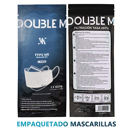 DOUBLE M Mascarillas FFP2 NR Certificación CE 0370 Uso Personal 3, 5, 10, 20, 50 o 100 pcs, filtración ≥ 95%, comoda ligera, Filtro Multicapa, Uso Personal, Mascarillas Facial Protección