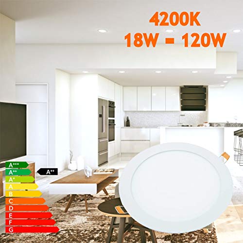 Downlight LED 18W Redondo Plano De Empotrar Luz Blanca Neutra 4200K, Aluminio Aro Blanco Mate, Para Hueco De 200-205mm Blanco