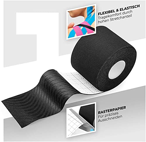 Dyroe Kinesiotape, Cinta kinesiologica,Mobitape, Venda Neuromuscular Adhesiva, Alivio dolor muscular, Elásticas, Impermeable, Vendaje kinesiológico, Apto para múltiples zonas, Rollo, 5x5cm, Negro