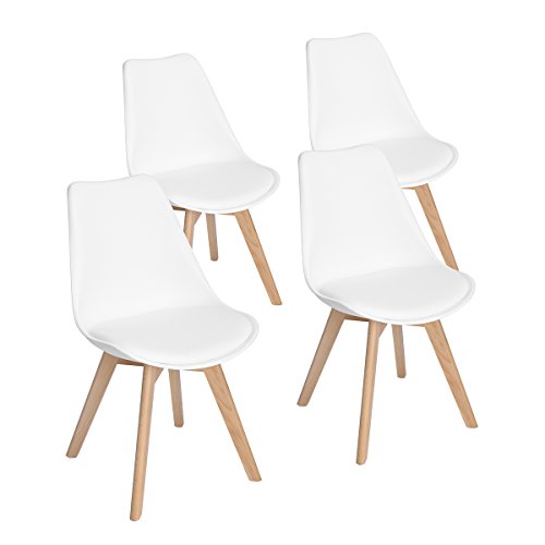 EGGREE Pack de 4 Sillas de Comedor Sillas Cocina Nórdico con Asiento Tapizado y Las piernas de Madera de Haya Maciza - Blanco