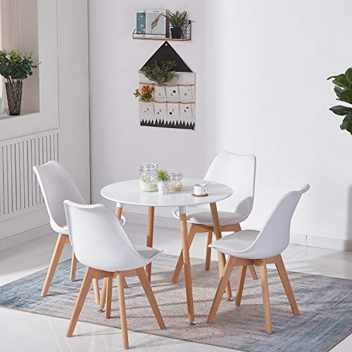 EGGREE Pack de 4 Sillas de Comedor Sillas Cocina Nórdico con Asiento Tapizado y Las piernas de Madera de Haya Maciza - Blanco