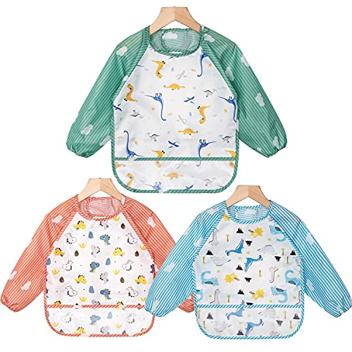 ElecMotive 3 Pcs Baberos Bebés con Mangas Impermeables Babero de Manga Larga 6-36 Meses