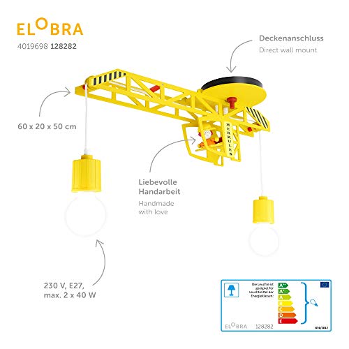 elobra Lámpara Kids Torre de la lámpara de Techo grúa con Markus lámpara de Techo de Madera, Amarillo 128.282 niños