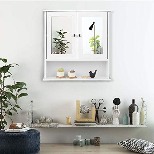 eSituro Mueble Suspendido de Espejo Mueble Colgante Armario de Ducha Armario de Pared con Toallero y Estante de Medicamentos Armario de Baño con Puertas Blanco 56x58,3x13cm SBP0028