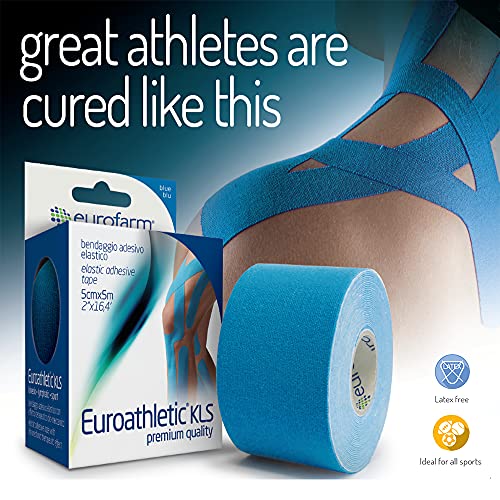 Euroathletic KLS(m 5 x cm 5) Cinta Elástica Adhesiva Deportiva Color Azul Para la Kinesioterapia, Resistente al Agua, Puede Ser Utilizado en la Piscina