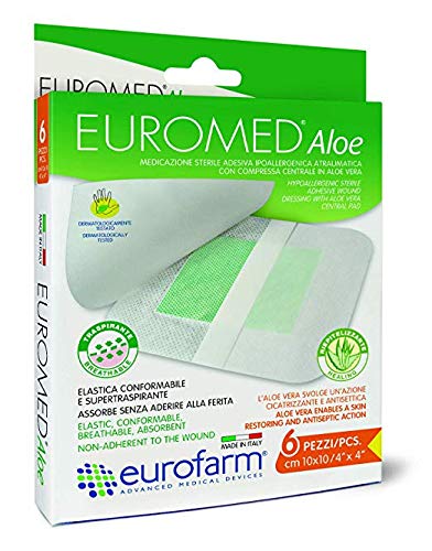 Euromed Aloe (cm 10 x cm 10) Apósito estéril hipoalergénico con compresa central en aloe vera de alto poder absorbente y no adherente.