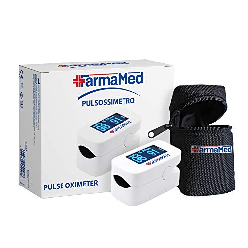 FARMAMED 3in1 Pulsioxímetro de Dedo, Oxímetro de Pulso, Detección Saturación Oxígeno (SpO2), Frecuencia Cardíaca (PR) y Índice de Perfusión (PI), Pantalla OLED XXL, Estuche Rígido Incluido, Blanco