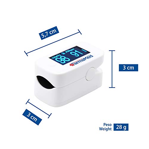 FARMAMED 3in1 Pulsioxímetro de Dedo, Oxímetro de Pulso, Detección Saturación Oxígeno (SpO2), Frecuencia Cardíaca (PR) y Índice de Perfusión (PI), Pantalla OLED XXL, Estuche Rígido Incluido, Blanco