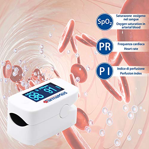 FARMAMED 3in1 Pulsioxímetro de Dedo, Oxímetro de Pulso, Detección Saturación Oxígeno (SpO2), Frecuencia Cardíaca (PR) y Índice de Perfusión (PI), Pantalla OLED XXL, Estuche Rígido Incluido, Blanco