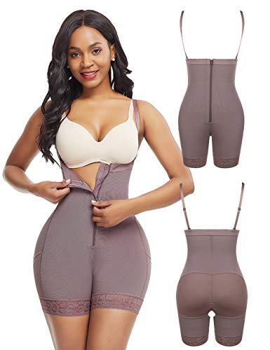 FeelinGirl Faja Pantalón Reductora con Cremallera - Mujer Fajas Moldeadores con Tirantes Ajustables y Desmontables Shapewear Adelgazante de Encaje Marrón S/Talla 34-36