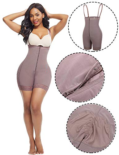 FeelinGirl Faja Pantalón Reductora con Cremallera - Mujer Fajas Moldeadores con Tirantes Ajustables y Desmontables Shapewear Adelgazante de Encaje Marrón S/Talla 34-36