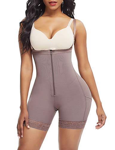 FeelinGirl Faja Pantalón Reductora con Cremallera - Mujer Fajas Moldeadores con Tirantes Ajustables y Desmontables Shapewear Adelgazante de Encaje Marrón S/Talla 34-36