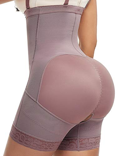 FeelinGirl Faja Pantalón Reductora con Cremallera - Mujer Fajas Moldeadores con Tirantes Ajustables y Desmontables Shapewear Adelgazante de Encaje Marrón S/Talla 34-36