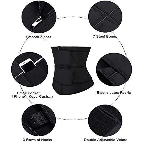 FeelinGirl Mujer Corsé Caucho con Cinturón con Bolsillo Interior Entrenador de Cintura Faja Lumbar Reductora con 7 Huesos Aceros Underbust con Cremallera y Velcro Waist Trainer Negro 8XL/Talla 56