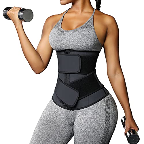 FeelinGirl Mujer Corsé Caucho con Cinturón con Bolsillo Interior Entrenador de Cintura Faja Lumbar Reductora con 7 Huesos Aceros Underbust con Cremallera y Velcro Waist Trainer Negro 8XL/Talla 56