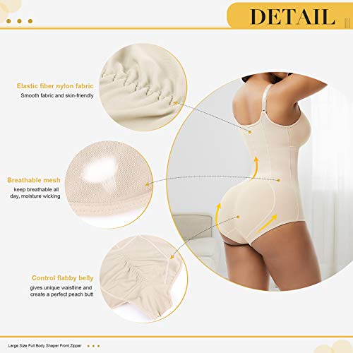 FeelinGirl Mujer Faja Reductora con Tirantes Ajustables Cubre Busto Cremallera Frontal Corset de Cuerpo Completo Braga Moldeadora Shapewear Overbust Body Shaper Gran Tamaño Beige M/Talla 38-40