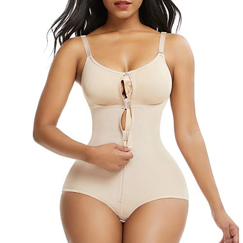 FeelinGirl Mujer Faja Reductora con Tirantes Ajustables Cubre Busto Cremallera Frontal Corset de Cuerpo Completo Braga Moldeadora Shapewear Overbust Body Shaper Gran Tamaño Beige M/Talla 38-40