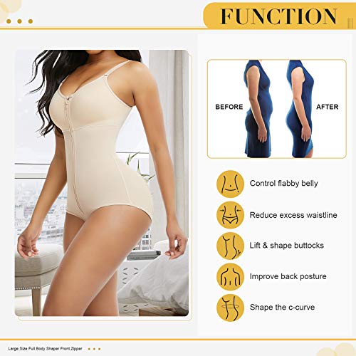 FeelinGirl Mujer Faja Reductora con Tirantes Ajustables Cubre Busto Cremallera Frontal Corset de Cuerpo Completo Braga Moldeadora Shapewear Overbust Body Shaper Gran Tamaño Beige M/Talla 38-40